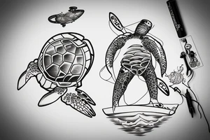 old diving helmet with sea turtle and stand-up paddle board. sea wave tattoo idea