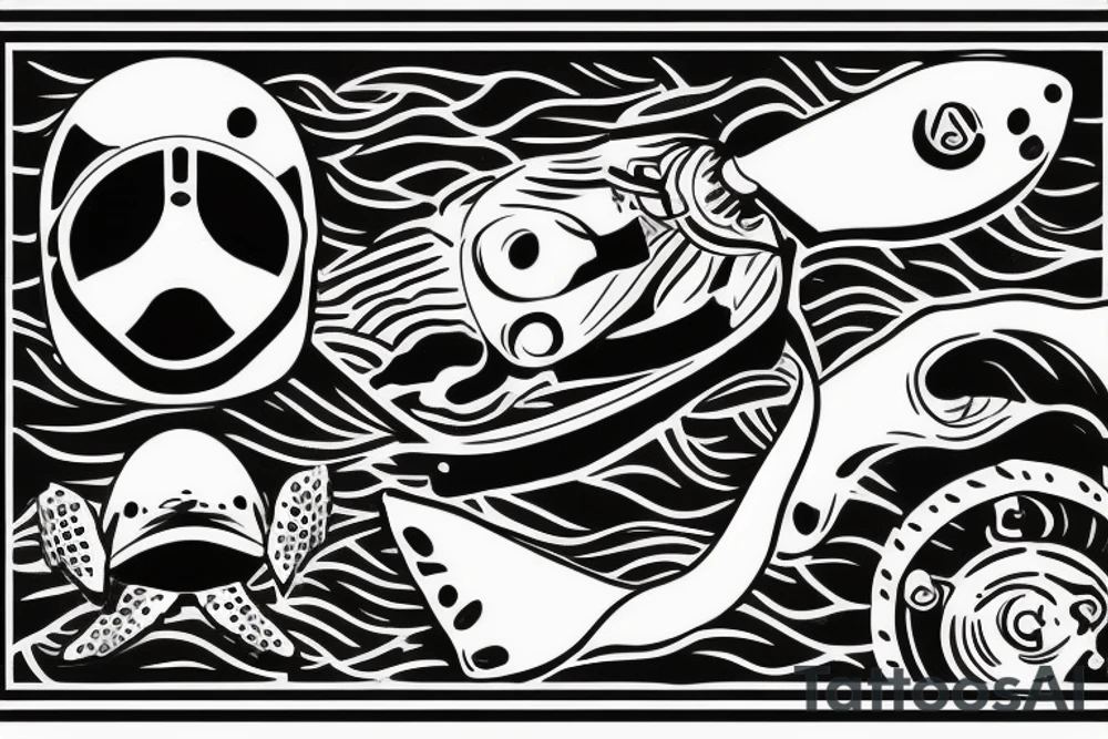 old diving helmet with sea turtle and stand-up paddle board. sea wave tattoo idea
