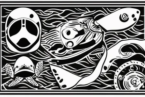 old diving helmet with sea turtle and stand-up paddle board. sea wave tattoo idea