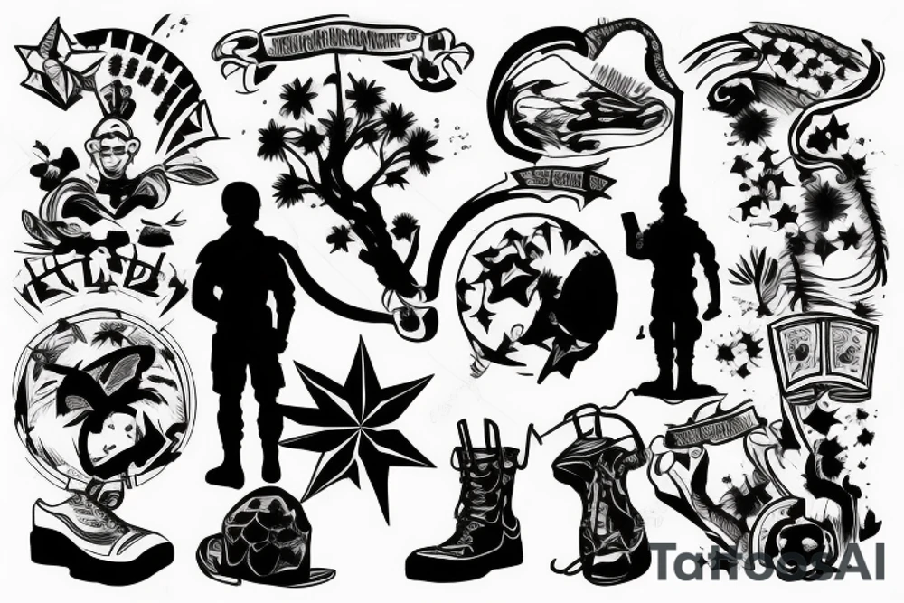 A soldier standing alone during the dawn of day with the sunrise in the background tattoo idea
