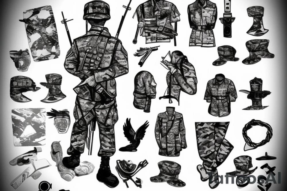 A soldier standing alone during the dawn of day with the sunrise in the background tattoo idea