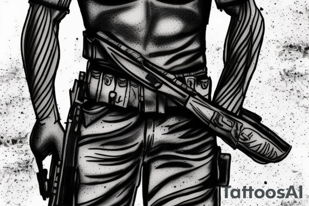 A soldier standing alone during the dawn of day with the sunrise in the background tattoo idea