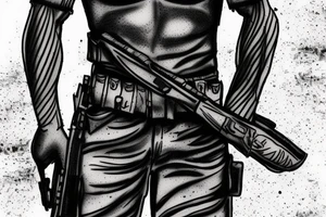 A soldier standing alone during the dawn of day with the sunrise in the background tattoo idea