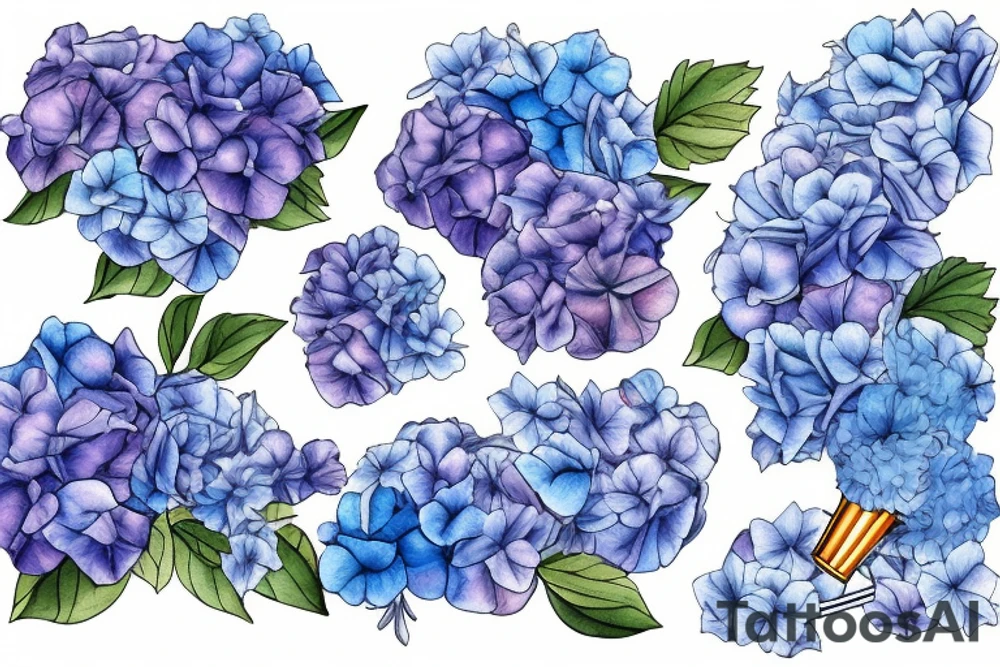 Trumpet laying on top of blue hydrangeas tattoo idea