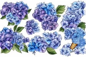 Trumpet laying on top of blue hydrangeas tattoo idea
