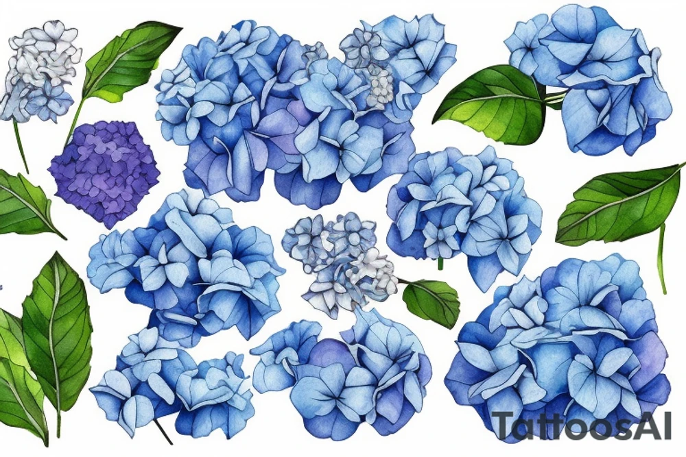 Trumpet laying on top of blue hydrangeas tattoo idea