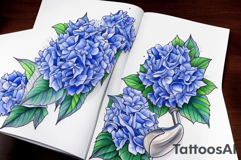 A silver Trumpet laying on top of a blue hydrangea bush tattoo idea