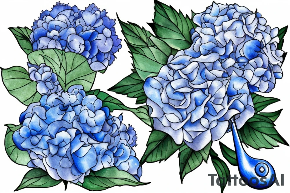A silver Trumpet laying on top of a blue hydrangea bush tattoo idea