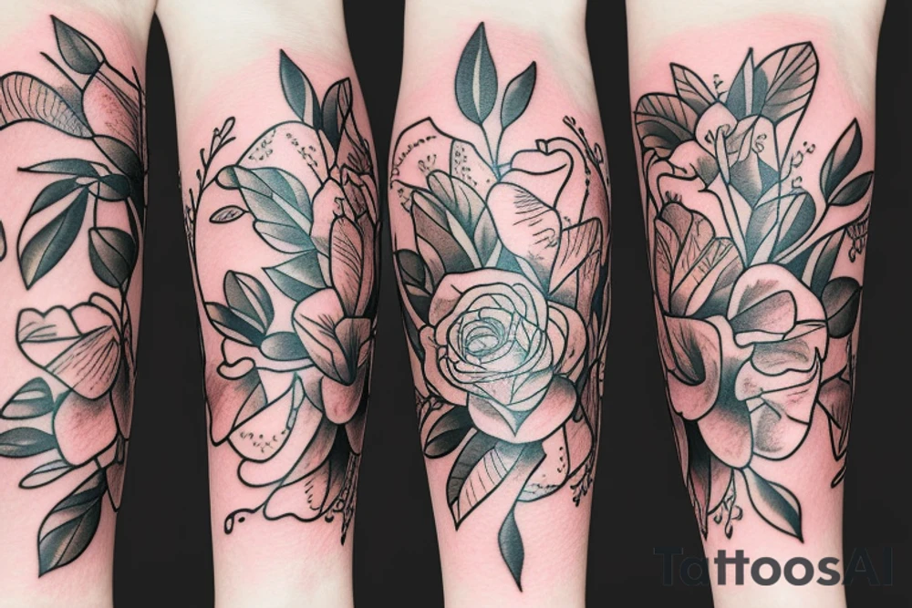 A silver trumpet and flowers tattoo idea