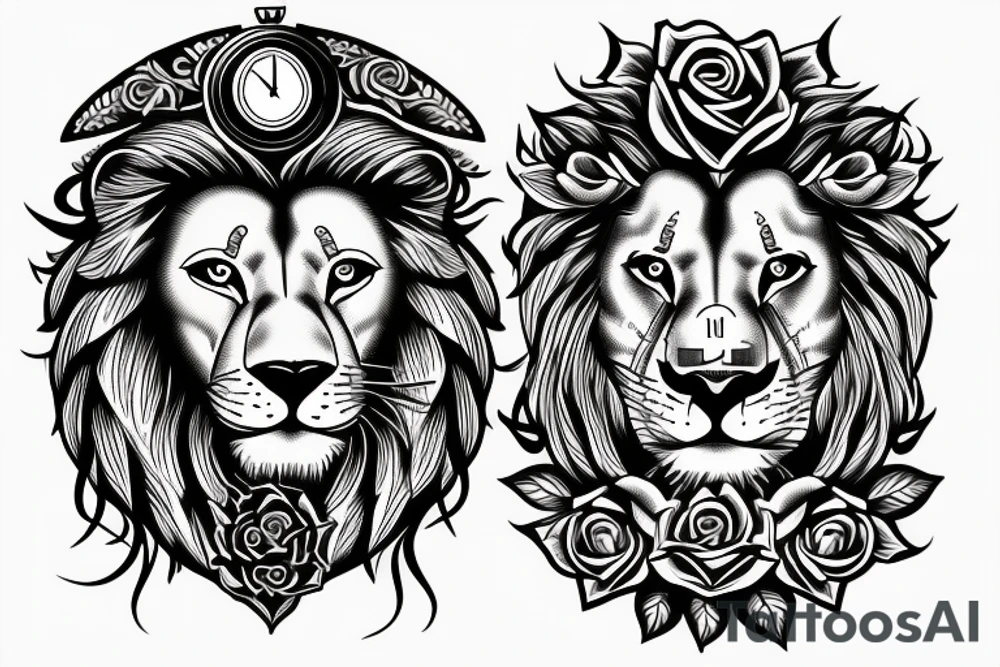 Lion with a clock and rose tattoo idea