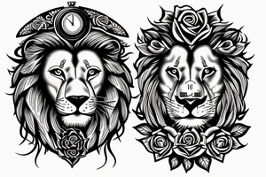 Lion with a clock and rose tattoo idea