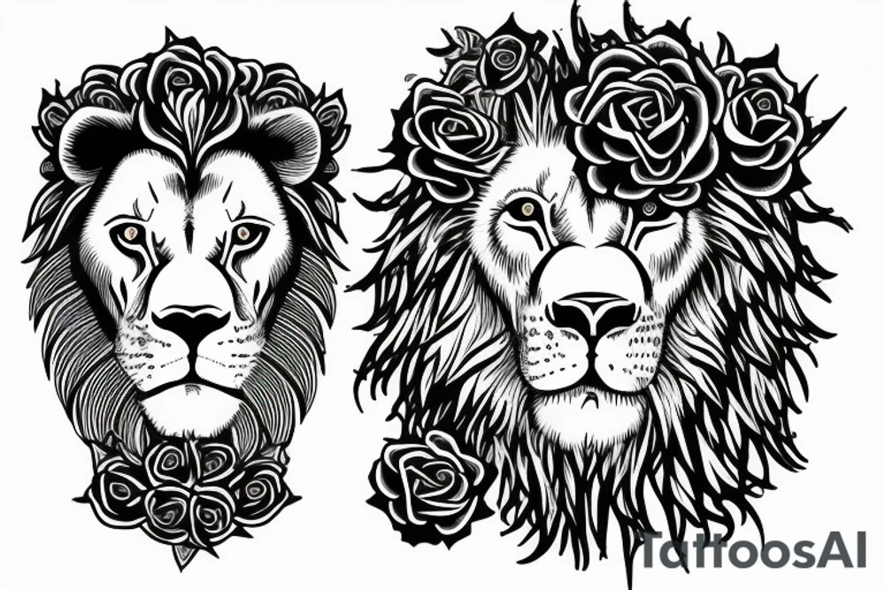 Lion with a clock and rose tattoo idea