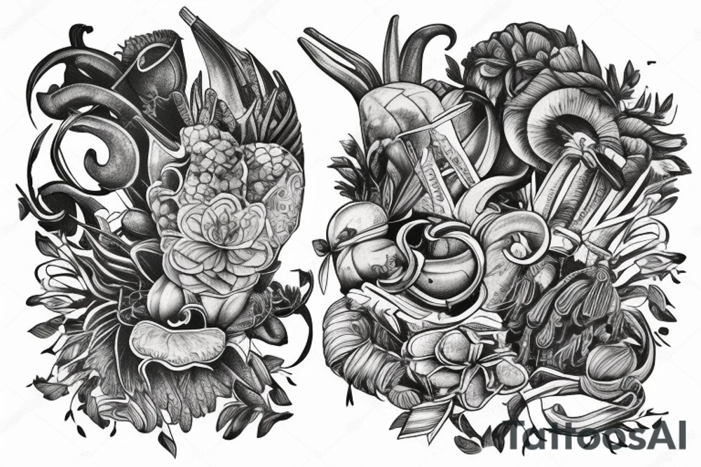Full sleeve with ancient vegetables tattoo idea