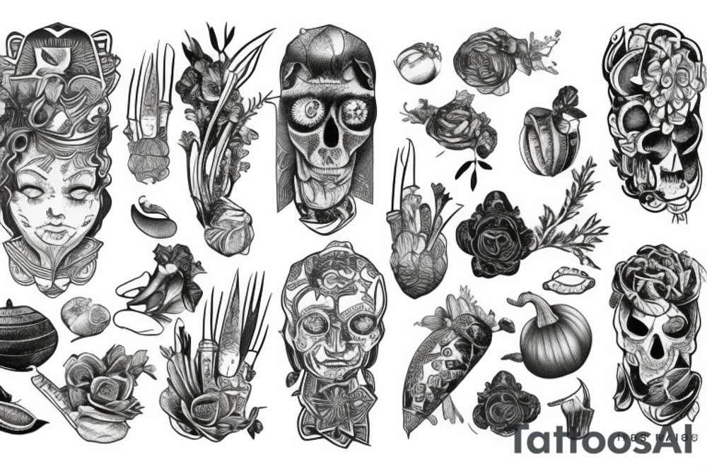 Full sleeve with ancient vegetables tattoo idea