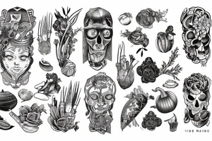 Full sleeve with ancient vegetables tattoo idea