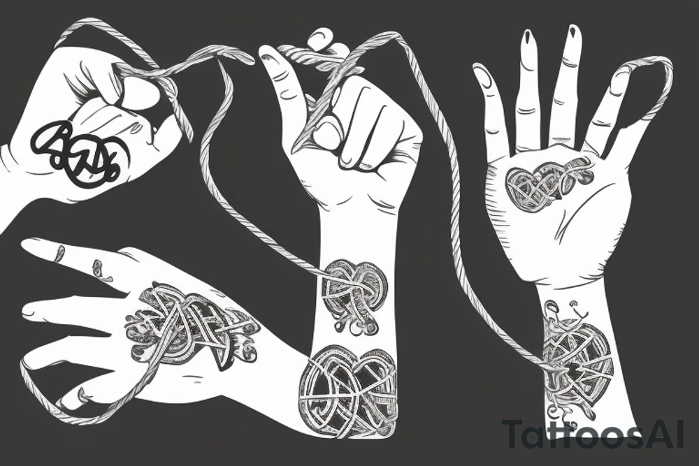 Hands holding with a string around them, the strings resemble the number 41 tattoo idea