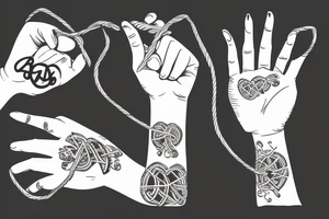 Hands holding with a string around them, the strings resemble the number 41 tattoo idea