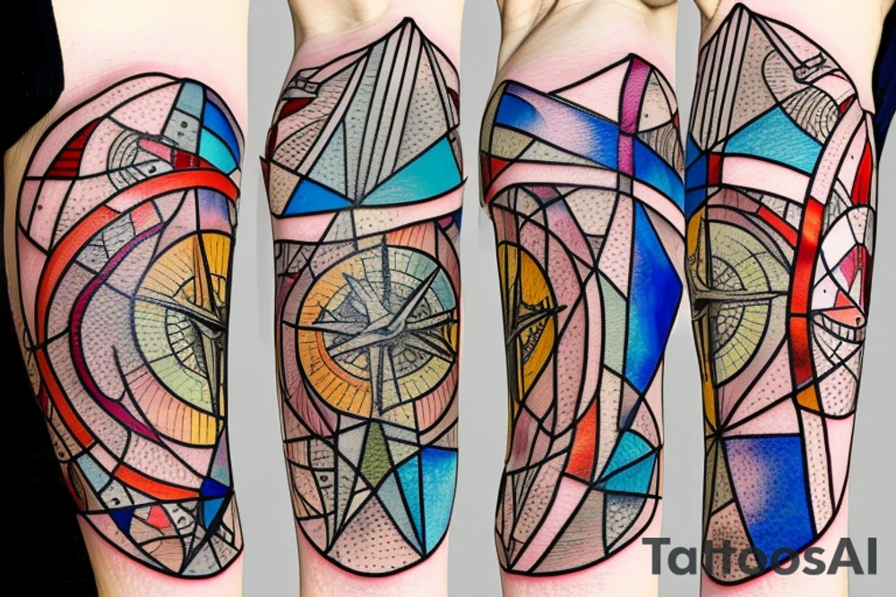 nautical compass and lighthouse on broken stained glass tattoo idea