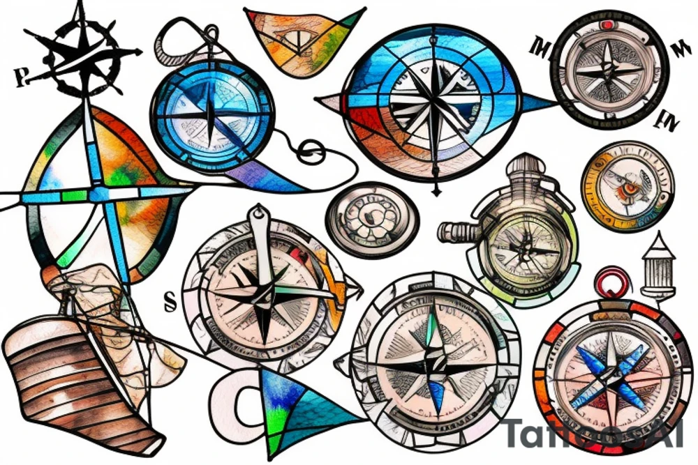 nautical compass and lighthouse on broken stained glass tattoo idea