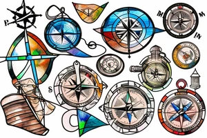 nautical compass and lighthouse on broken stained glass tattoo idea