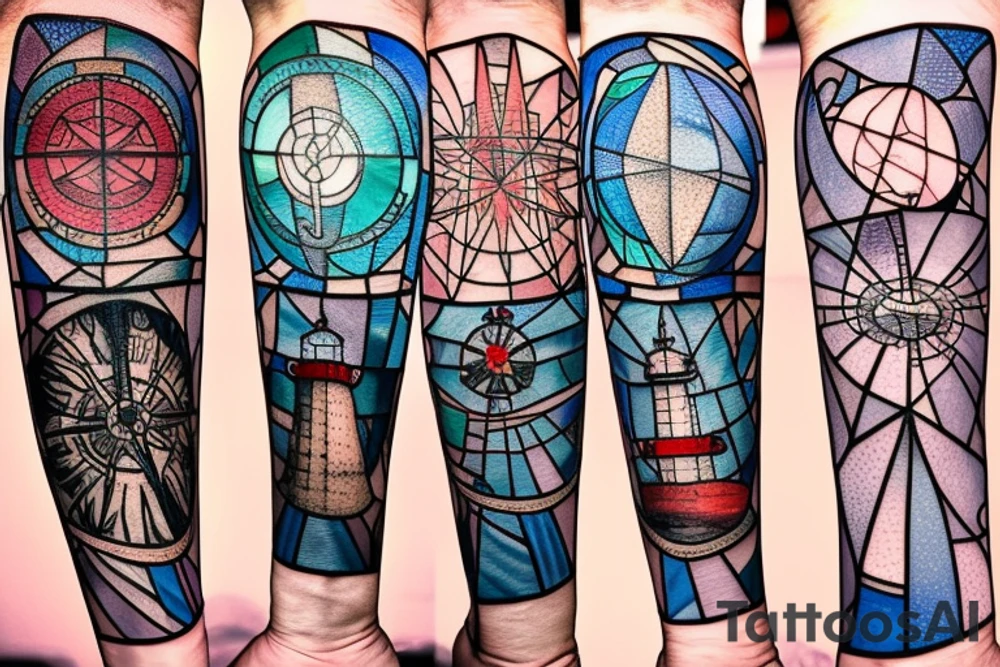 nautical compass and lighthouse on broken stained glass tattoo idea