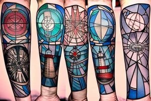 nautical compass and lighthouse on broken stained glass tattoo idea