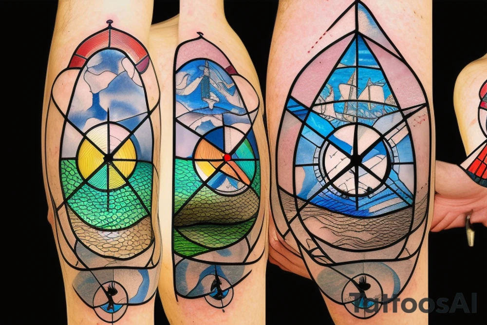 nautical compass and lighthouse on broken stained glass tattoo idea