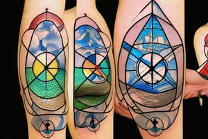 nautical compass and lighthouse on broken stained glass tattoo idea