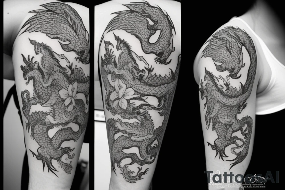 dragon with flowers tattoo idea