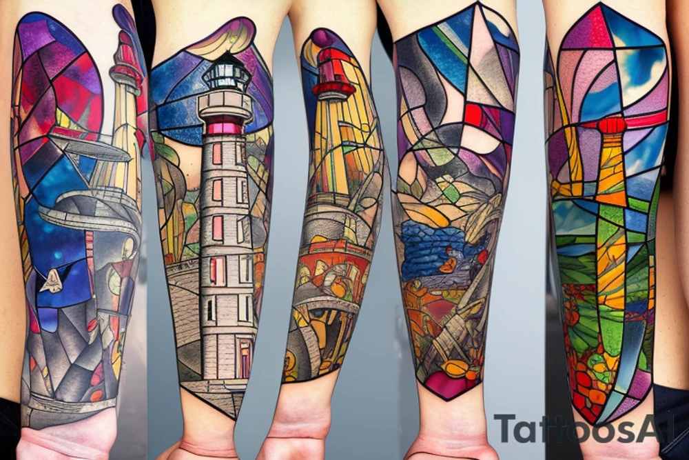 lighthouse behind broken stained glass window tattoo idea