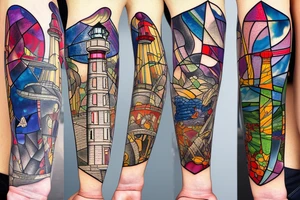 lighthouse behind broken stained glass window tattoo idea