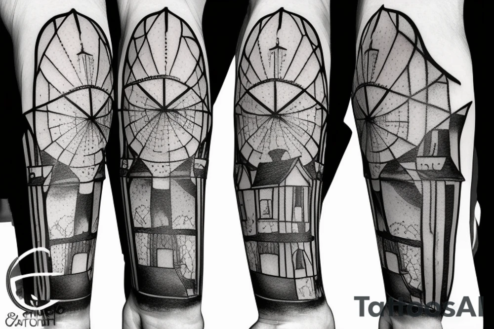 lighthouse behind broken stained glass window tattoo idea