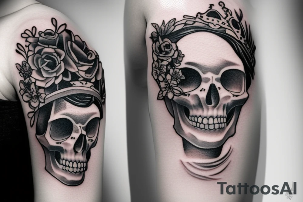 Double tattoo with girl and crown skull tattoo idea