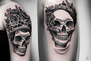 Double tattoo with girl and crown skull tattoo idea