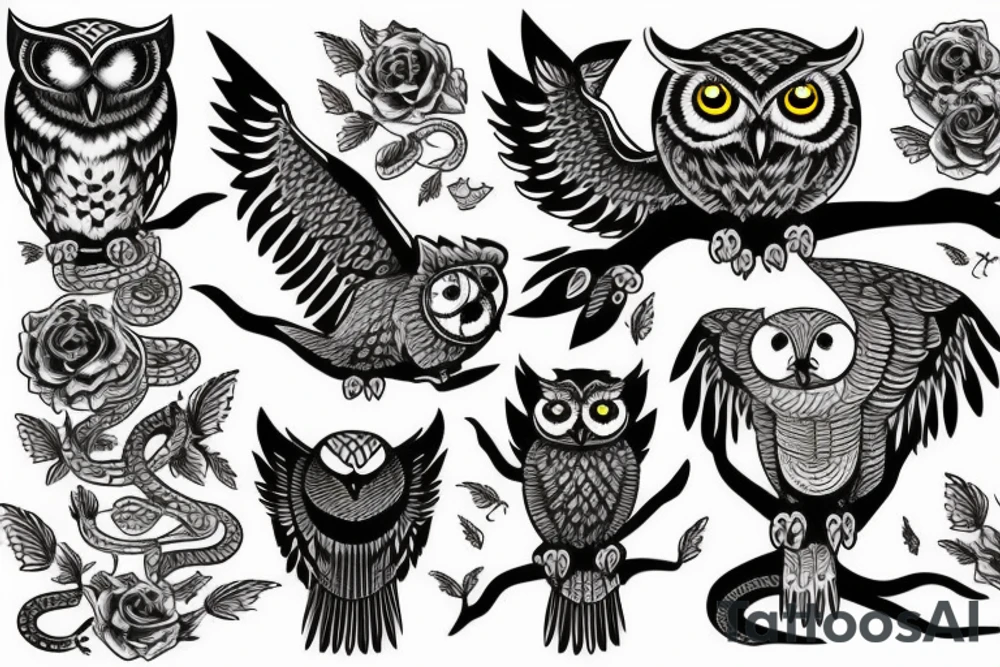 A owl fight with a snake tattoo idea