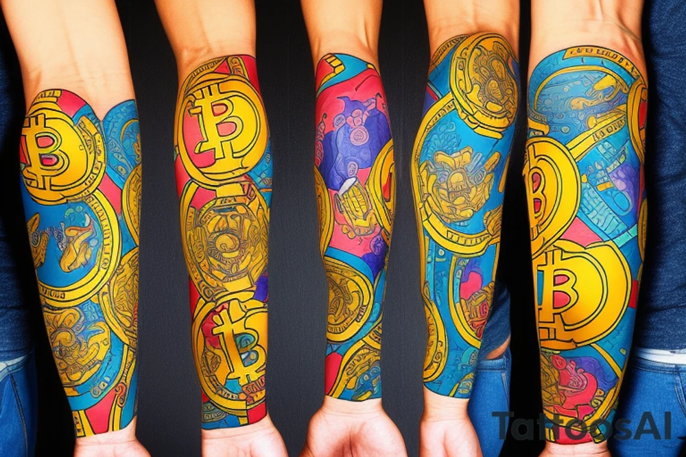 Arm sleeve with bright colors like blues and yellows. Bitcoin. Dogs. Family. tattoo idea