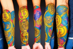 Arm sleeve with bright colors like blues and yellows. Bitcoin. Dogs. Family. tattoo idea