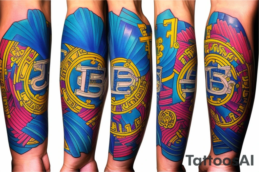 Arm sleeve with bright colors like blues and yellows. Bitcoin. Dogs. Family. tattoo idea