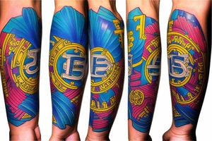 Arm sleeve with bright colors like blues and yellows. Bitcoin. Dogs. Family. tattoo idea
