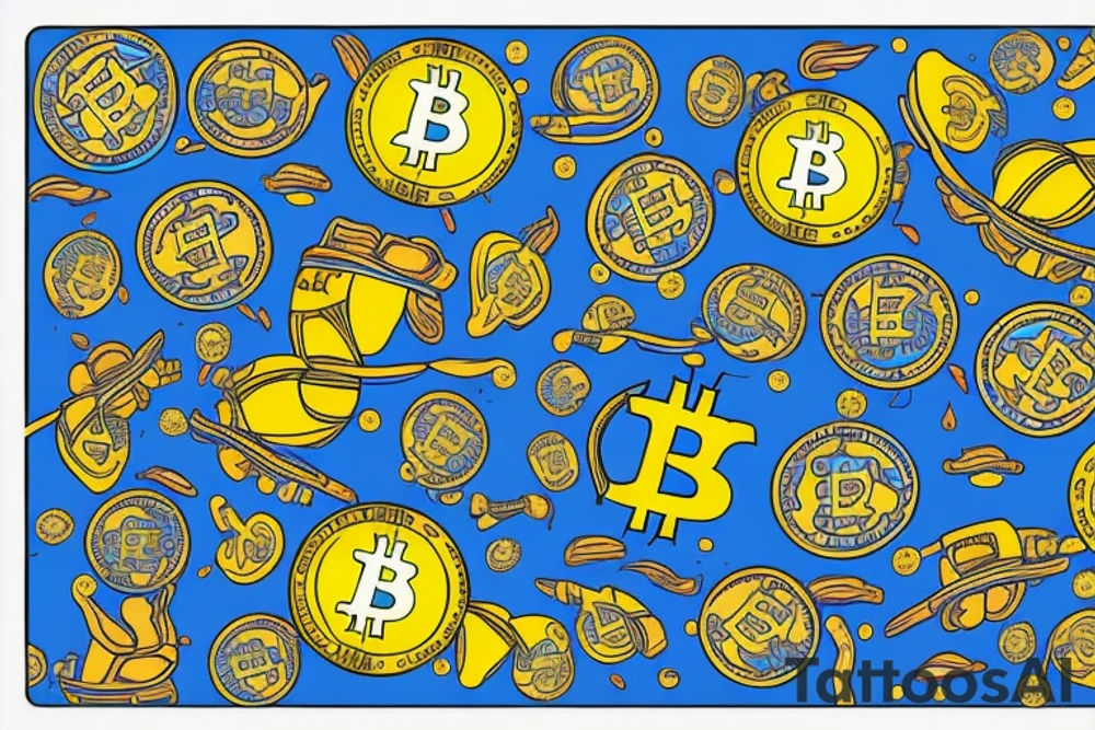 Arm sleeve with bright colors like blues and yellows. Bitcoin. Dogs. Family. tattoo idea