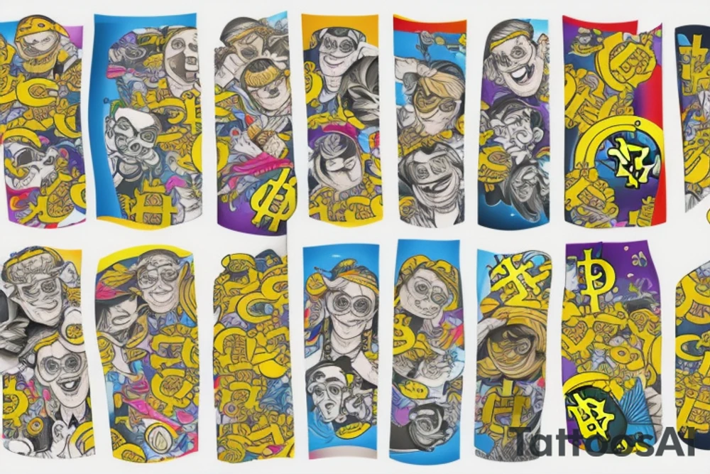 Arm sleeve with bright colors like blues and yellows. Bitcoin. Dogs. Family. tattoo idea