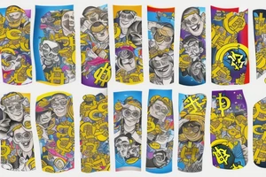 Arm sleeve with bright colors like blues and yellows. Bitcoin. Dogs. Family. tattoo idea