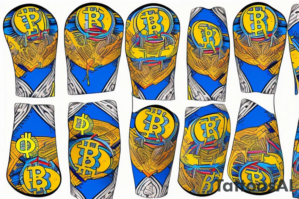 Arm sleeve with bright colors like blues and yellows. Bitcoin. Dogs. Family. tattoo idea