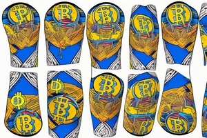 Arm sleeve with bright colors like blues and yellows. Bitcoin. Dogs. Family. tattoo idea