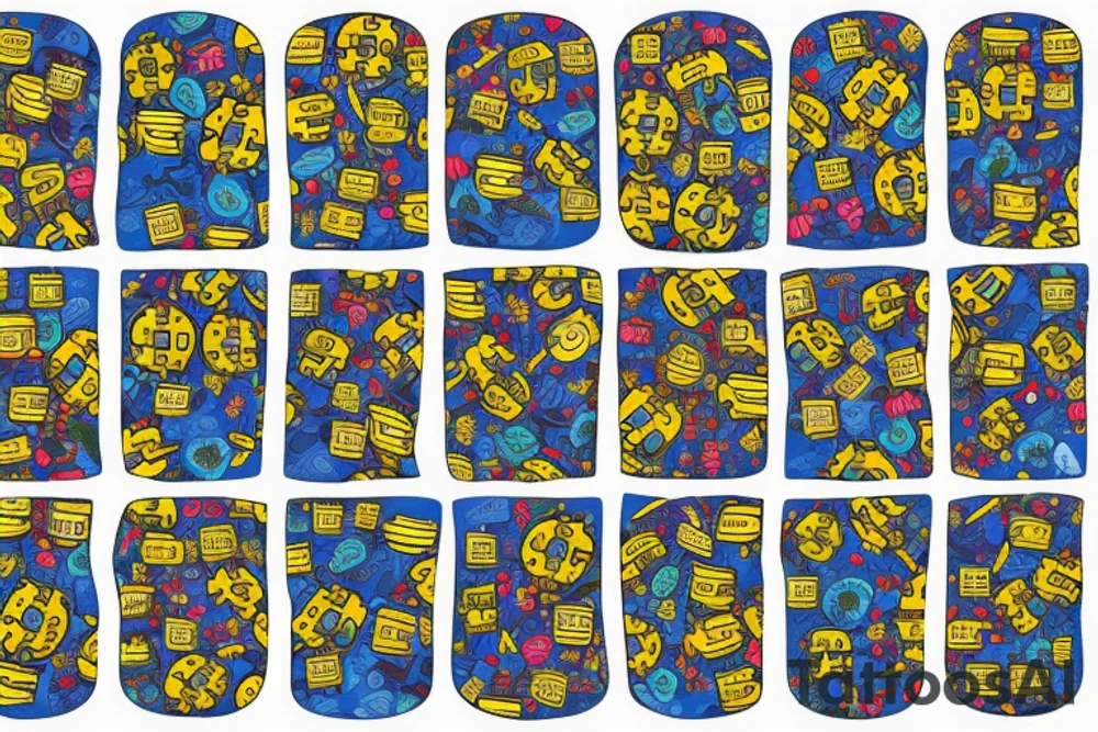 Arm sleeve with bright colors like blues and yellows. Bitcoin. Dogs. Family. tattoo idea