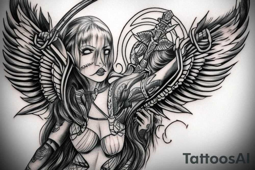 Valkyrie with sword and shield big wings sexy tattoo idea