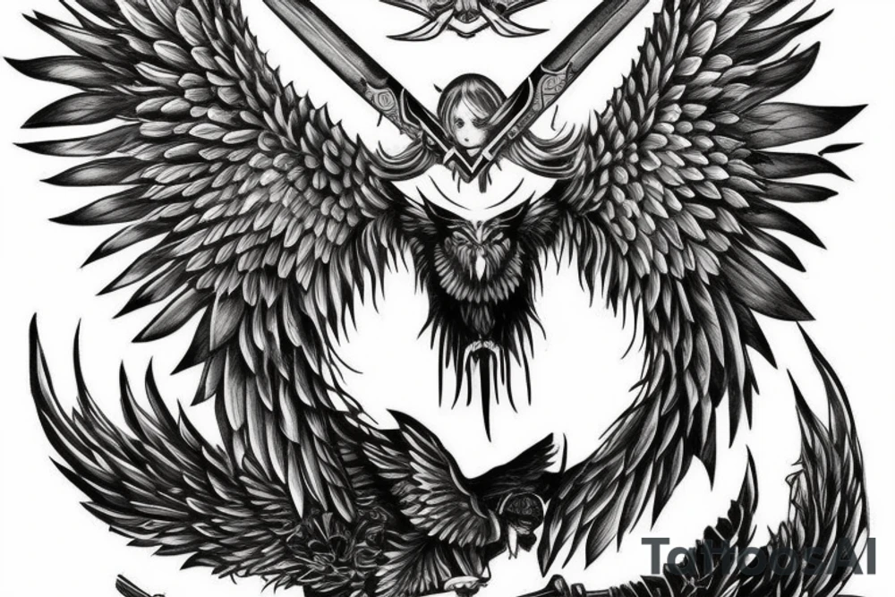 Valkyrie with sword and shield big wings sexy tattoo idea