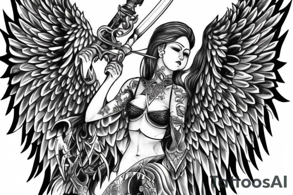 Valkyrie with sword and shield big wings sexy tattoo idea