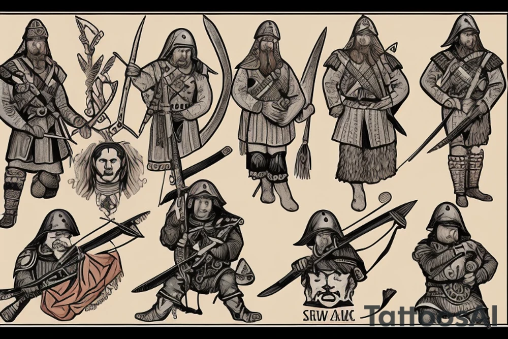Slavic warrior, serbian warrior and world war I serbian soldier with wolf and half compas half watch andarrow that is a point view tattoo idea