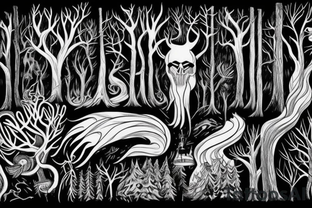dark forest scene with mist tattoo idea